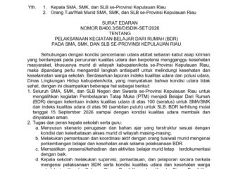 Sekda Provinsi Kepri, Misni, Pemprov Kepri menerbitkan Surat Edaran Nomor B/400.3.58/DISDIK-SET/2026 tentang Pelaksanaan Kegiatan Belajar dari Rumah (BDR) pada SMA, SMK dan SLB se-Provinsi Kepulauan Riau.